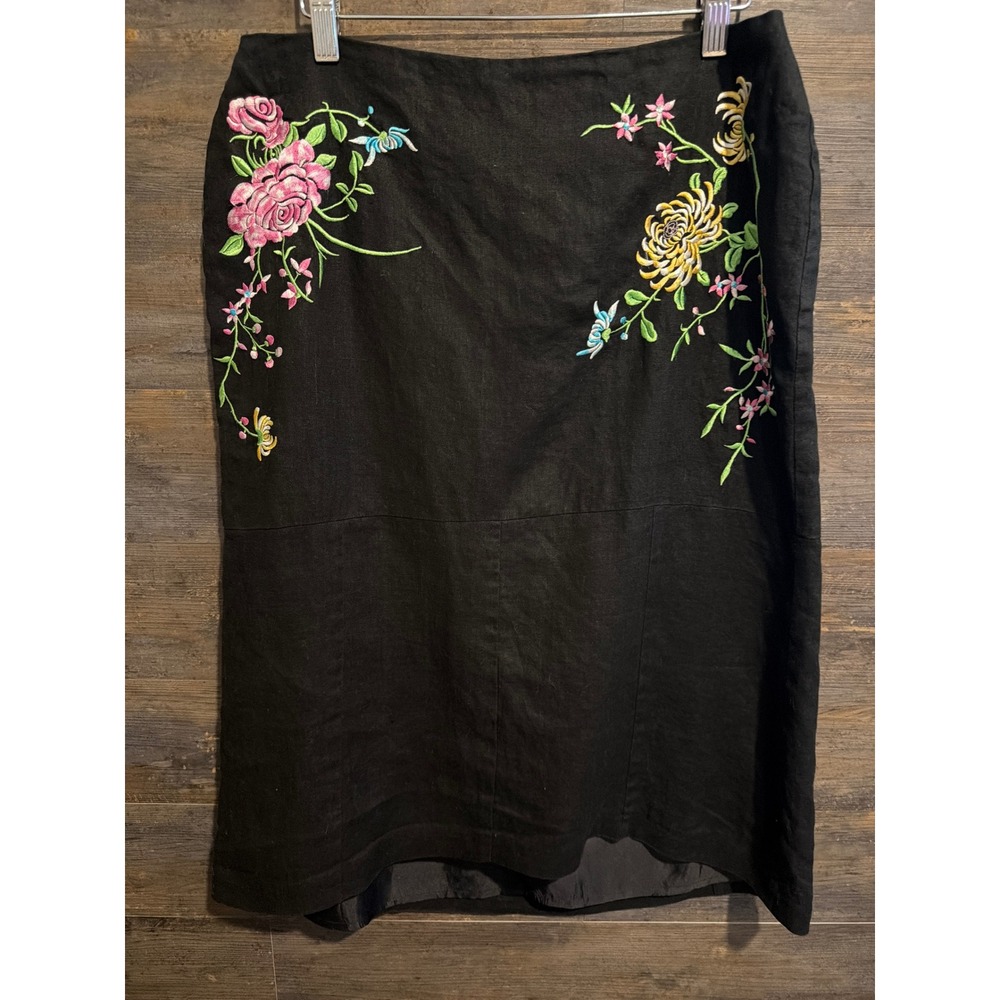 Anne Carson Womens Black 100% Linen Floral Embroidered Midi Pencil Skirt Size 10